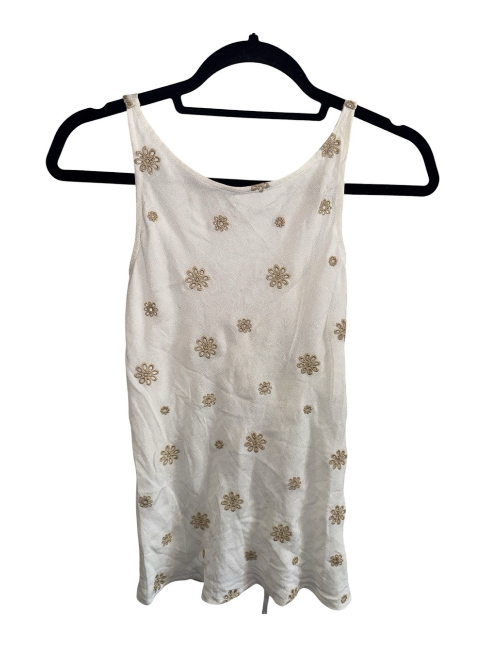 Women’s White Embroidered sleeveless blouse with Gold Floral Accents tie back